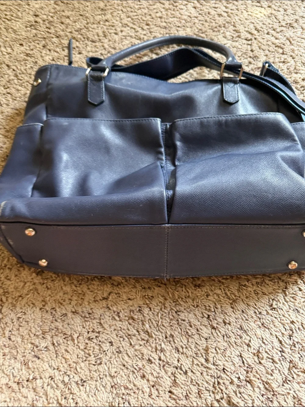 Levenger Navy Blue Leather Tote with Shoulder Strap
